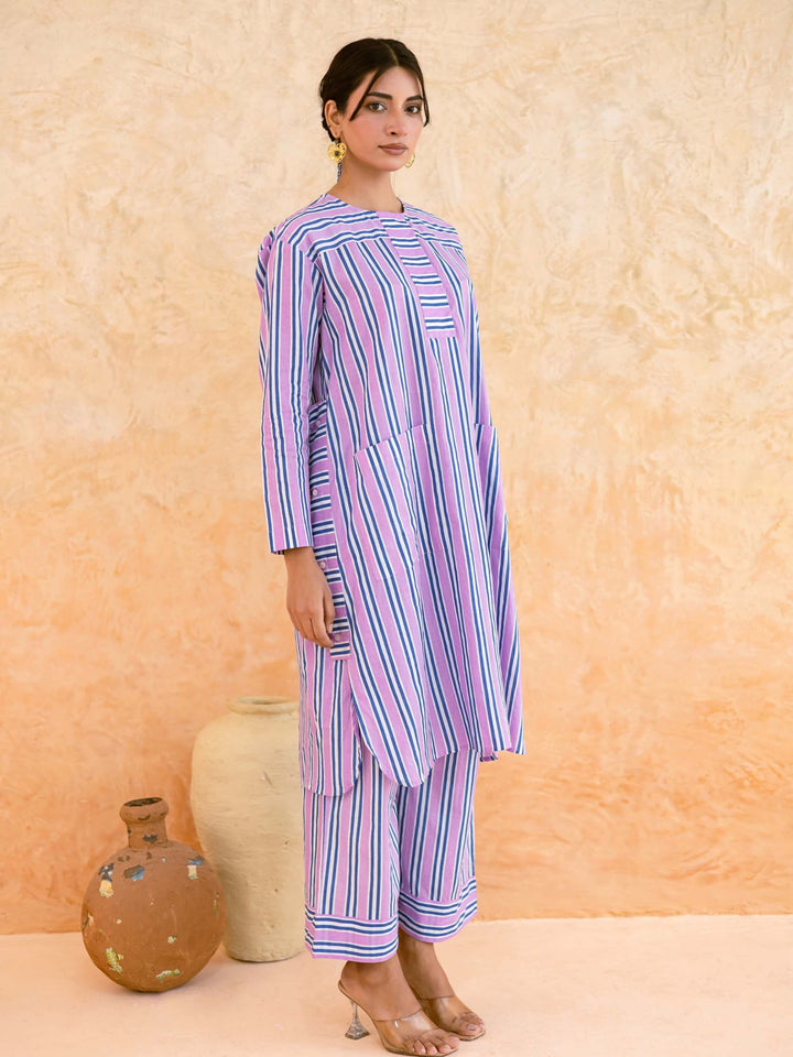 Pink Striped Cotton Kurta Set for Women with Panel Detail & Pockets – Summer Daily & Office Wear