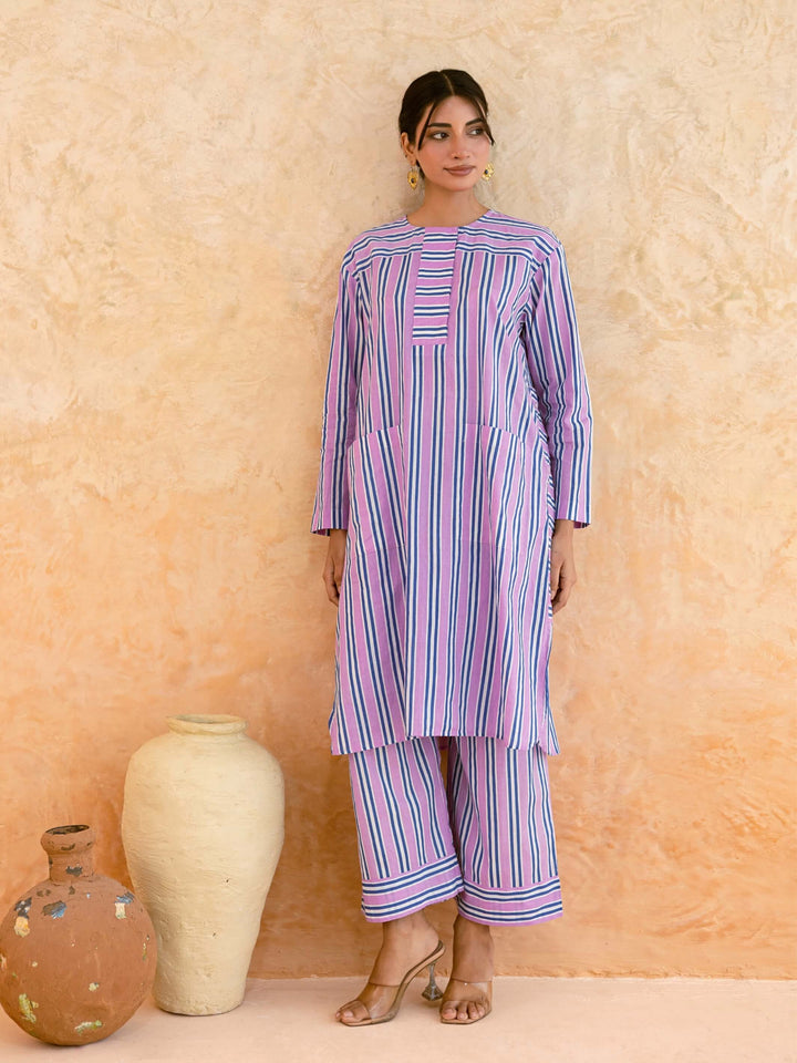 Pink Striped Cotton Kurta Set for Women with Panel Detail & Pockets – Summer Daily & Office Wear