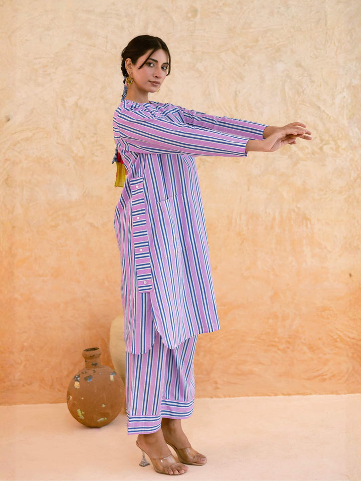 Pink Striped Cotton Kurta Set for Women with Panel Detail & Pockets – Summer Daily & Office Wear