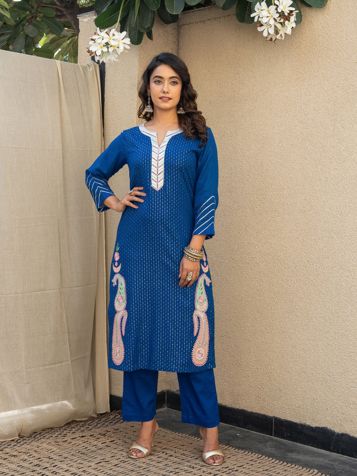 Royal Blue Embroidered Kurta Paired With Matching Pants & Dupatta
