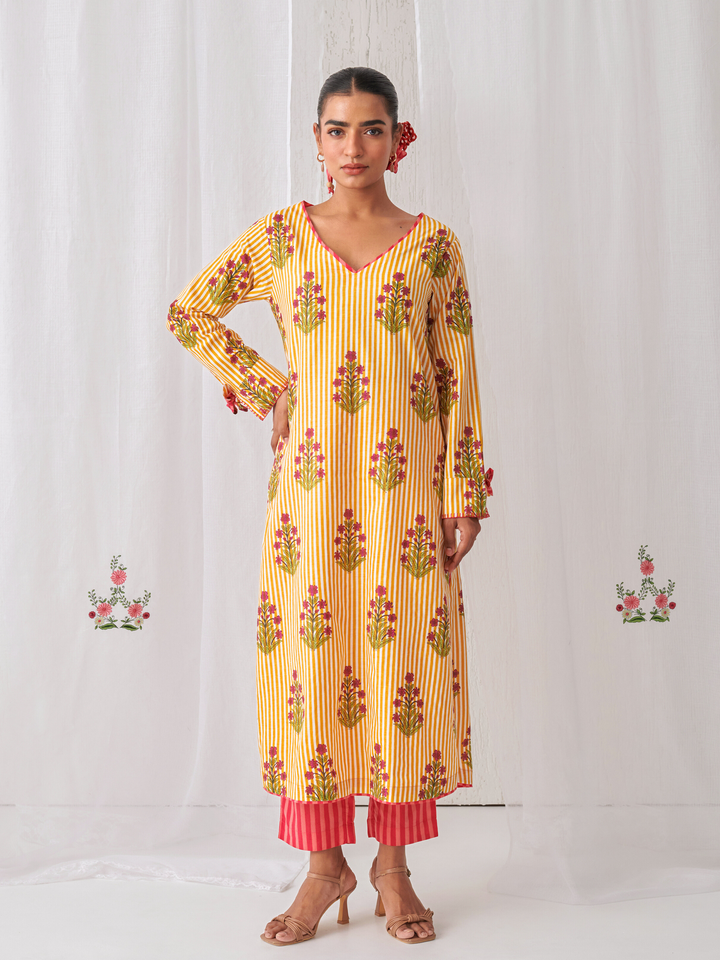 Yellow Floral V-Neck Long Kurta Paired With Striped Matching Pants