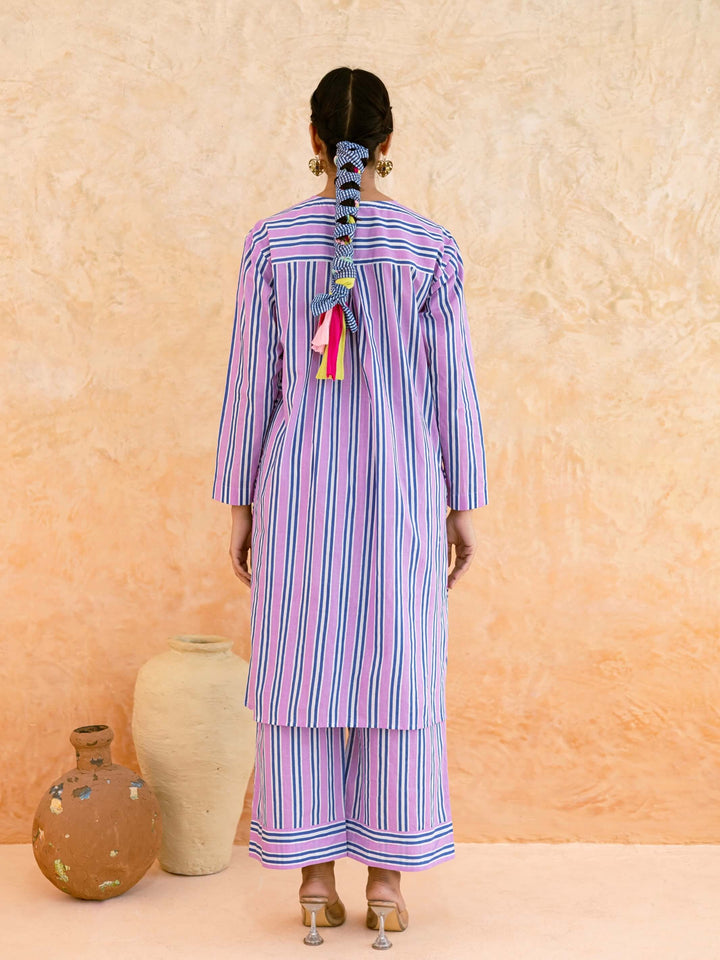Pink Striped Cotton Kurta Set for Women with Panel Detail & Pockets – Summer Daily & Office Wear