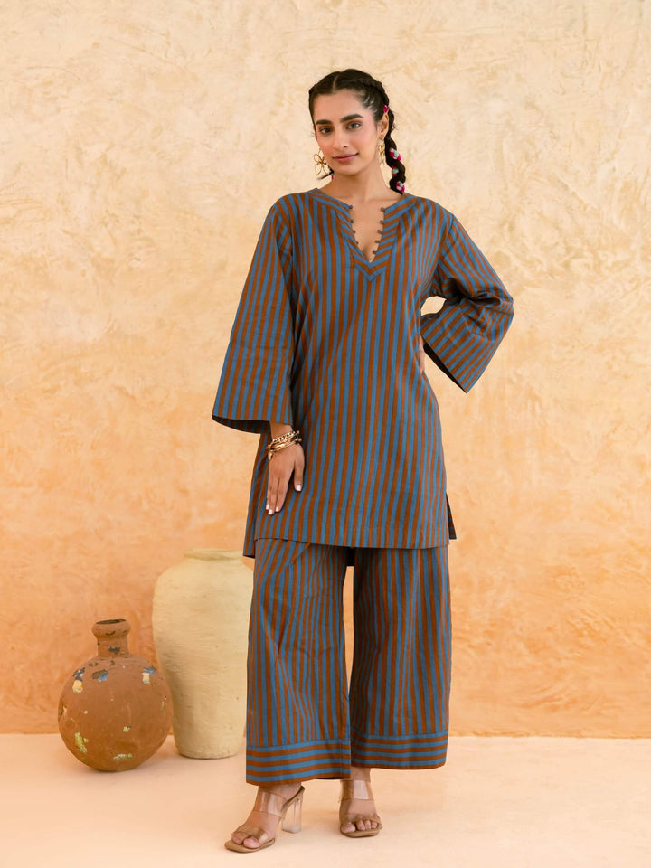 Teal Brown Striped Cotton Co-ord Set for Women – Everyday Casual Wear