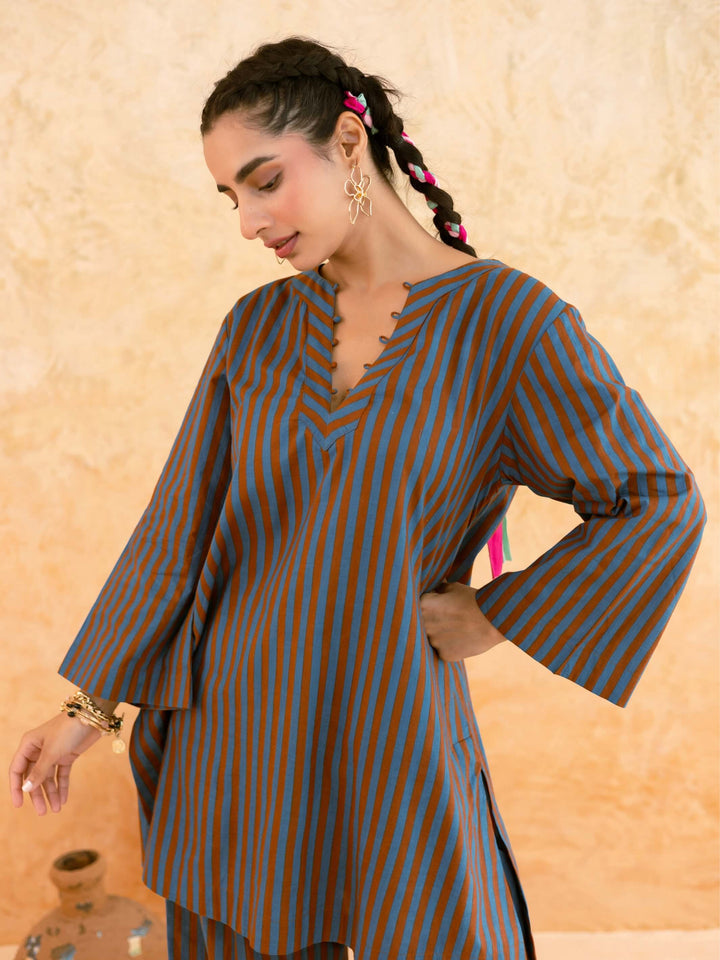 Teal Brown Striped Cotton Co-ord Set for Women – Everyday Casual Wear
