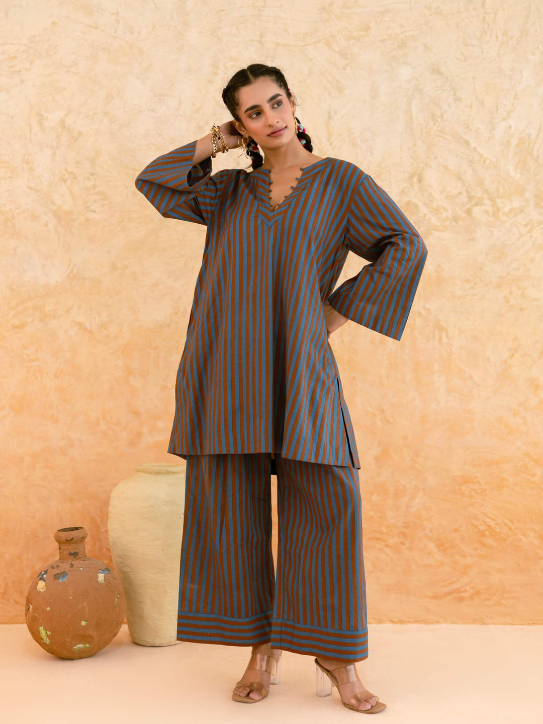 Teal Brown Striped Cotton Co-ord Set for Women – Everyday Casual Wear
