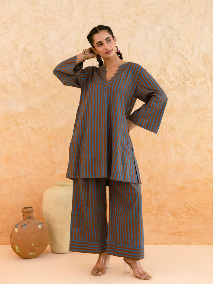 Teal Brown Striped Cotton Co-ord Set for Women – Everyday Casual Wear