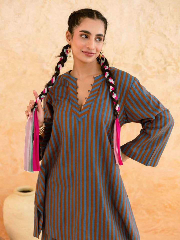 Teal Brown Striped Cotton Co-ord Set for Women – Everyday Casual Wear