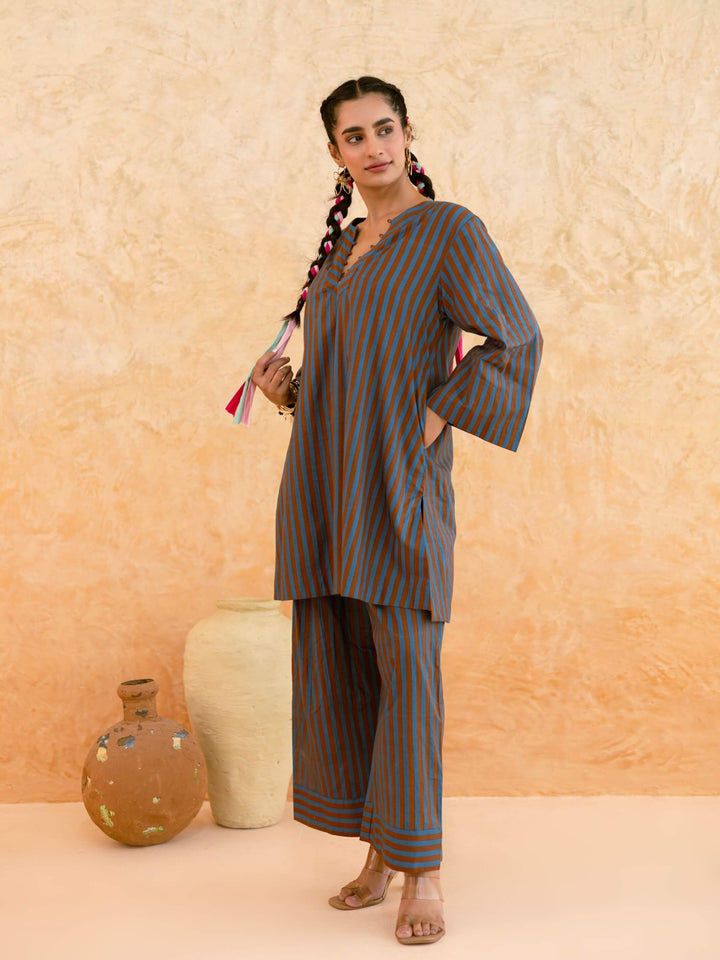 Teal Brown Striped Cotton Co-ord Set for Women – Everyday Casual Wear