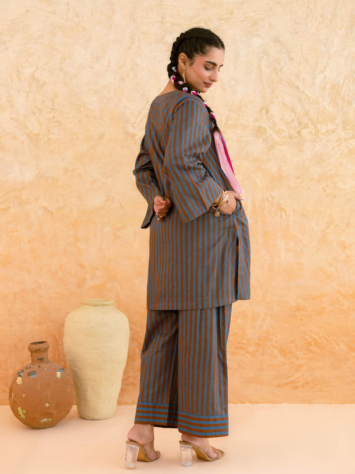 Teal Brown Striped Cotton Co-ord Set for Women – Everyday Casual Wear