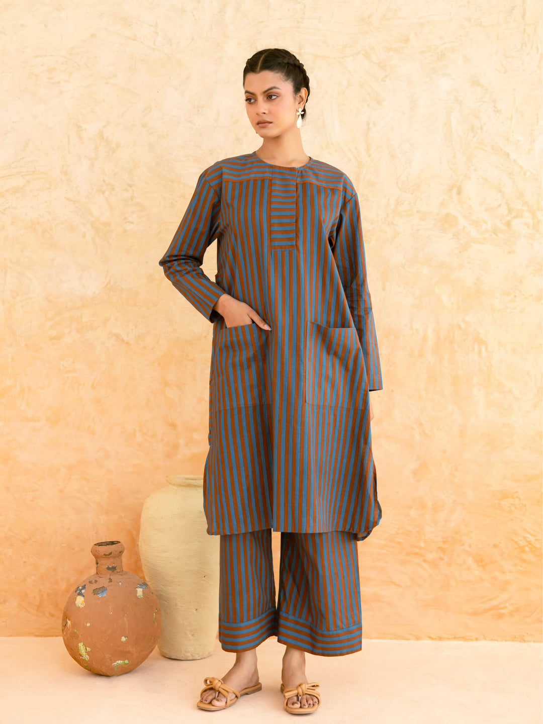 Teal Brown Striped Cotton Kurta Set for Women – Relaxed Fit Everyday Wear