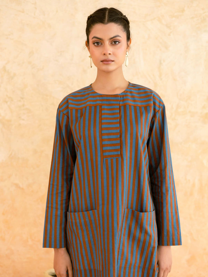 Teal Brown Striped Cotton Kurta Set for Women – Relaxed Fit Everyday Wear