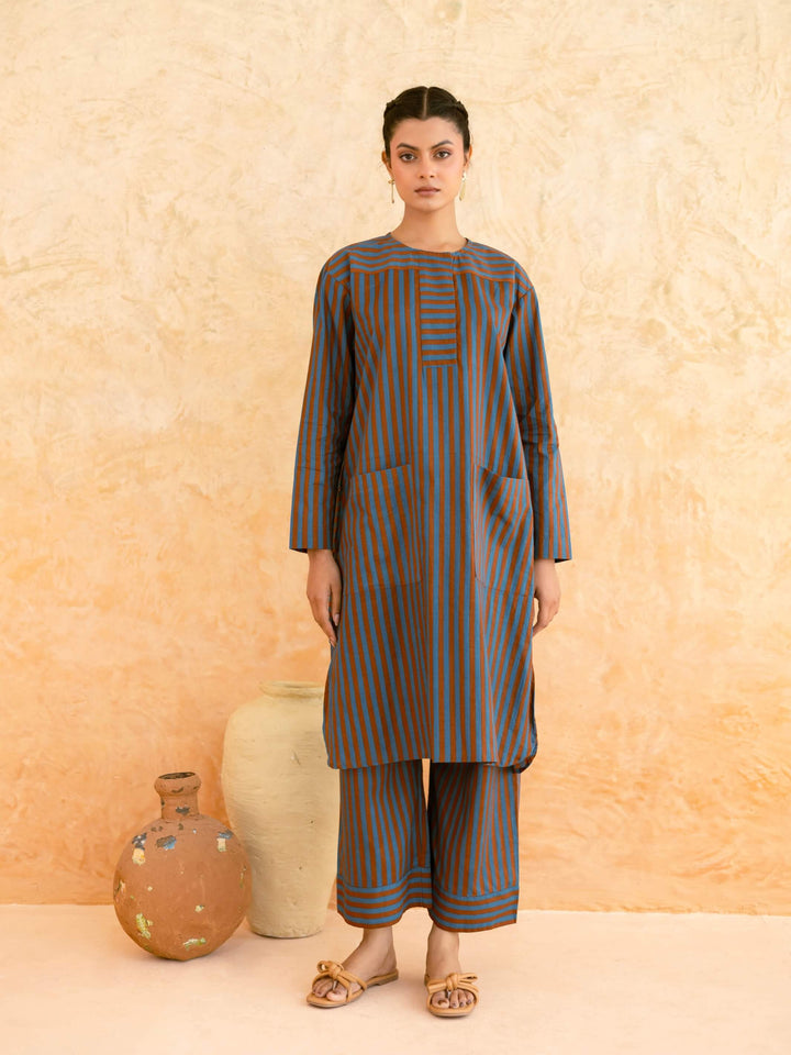 Teal Brown Striped Cotton Kurta Set for Women – Relaxed Fit Everyday Wear