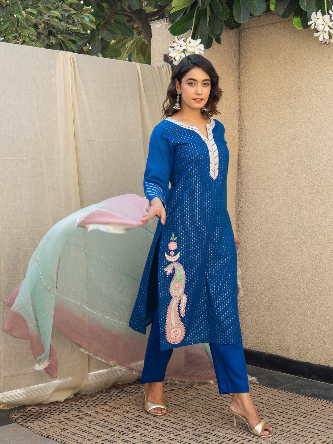 Royal Blue Embroidered Kurta Paired With Matching Pants & Dupatta
