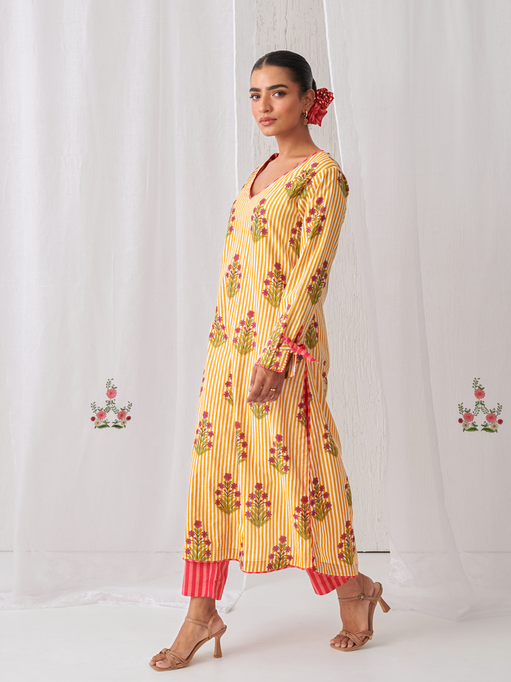Yellow Floral V-Neck Long Kurta Paired With Striped Matching Pants