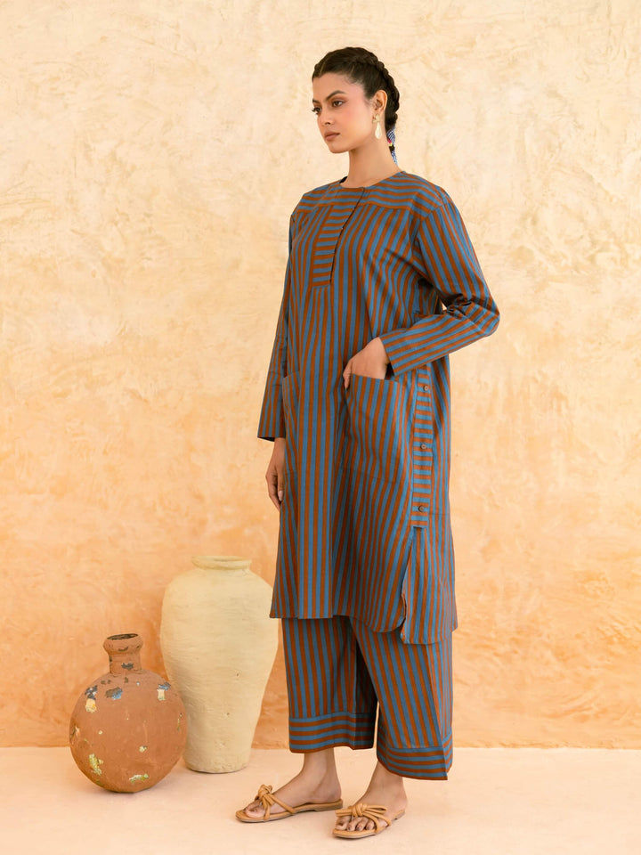 Teal Brown Striped Cotton Kurta Set for Women – Relaxed Fit Everyday Wear