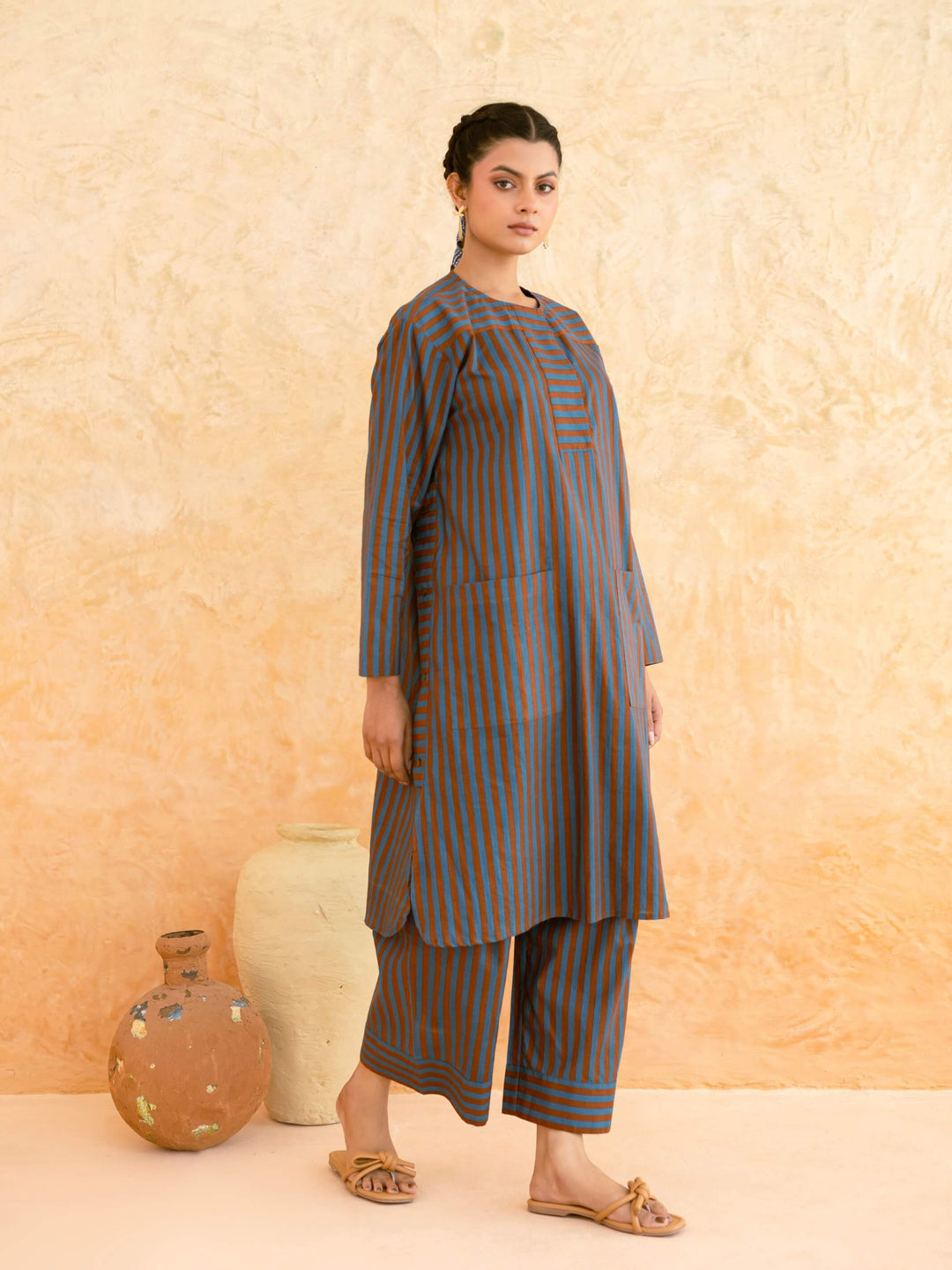 Teal Brown Striped Cotton Kurta Set for Women – Relaxed Fit Everyday Wear
