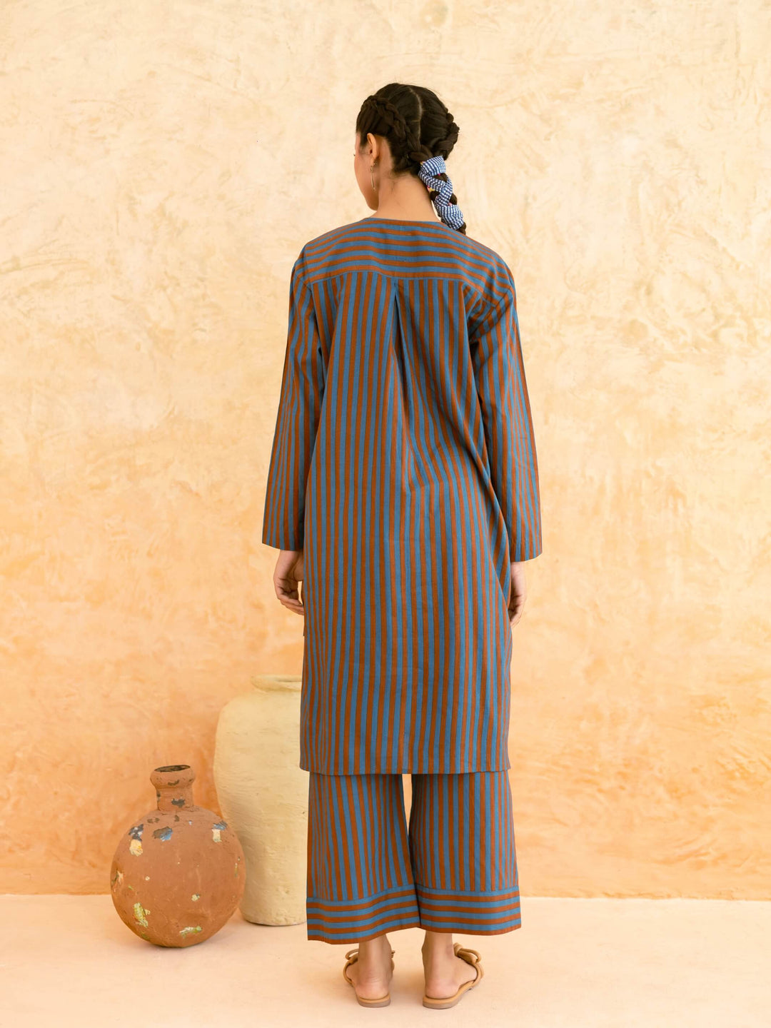 Teal Brown Striped Cotton Kurta Set for Women – Relaxed Fit Everyday Wear