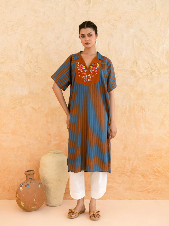 Teal Striped Cotton Kurta for Women with Embroidered Yoke – Relaxed Kaftan Style Summer Kurta