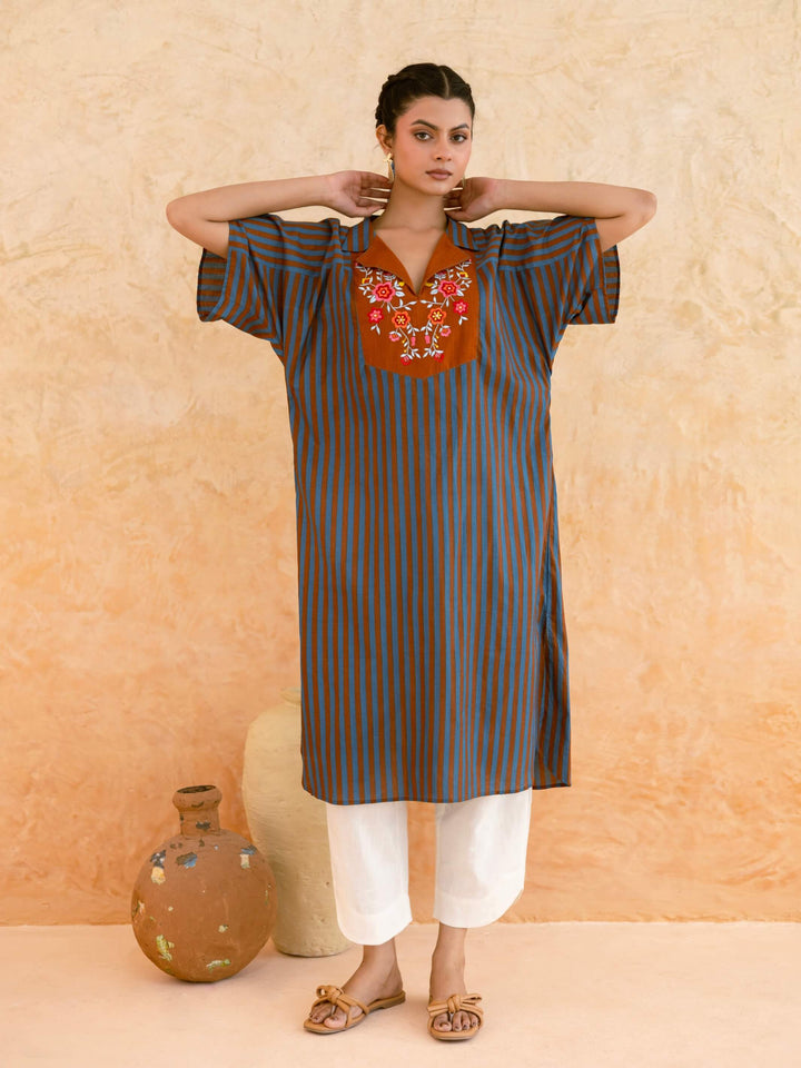 Teal Striped Cotton Kurta for Women with Embroidered Yoke – Relaxed Kaftan Style Summer Kurta