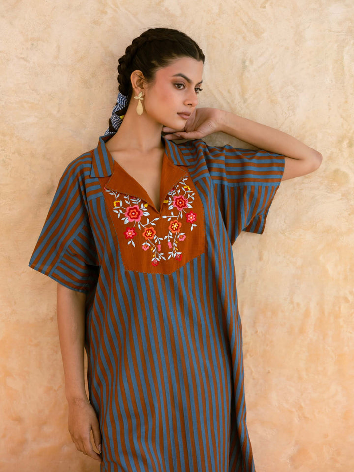 Teal Striped Cotton Kurta for Women with Embroidered Yoke – Relaxed Kaftan Style Summer Kurta