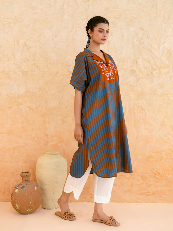 Teal Striped Cotton Kurta for Women with Embroidered Yoke – Relaxed Kaftan Style Summer Kurta