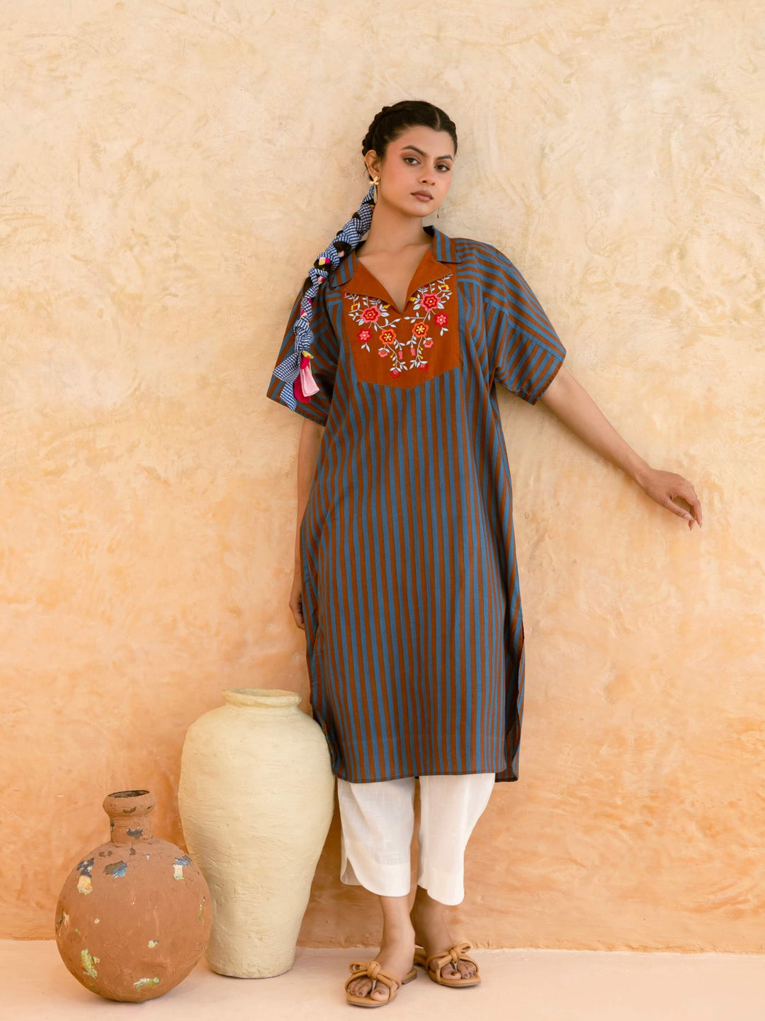 Teal Striped Cotton Kurta for Women with Embroidered Yoke – Relaxed Kaftan Style Summer Kurta