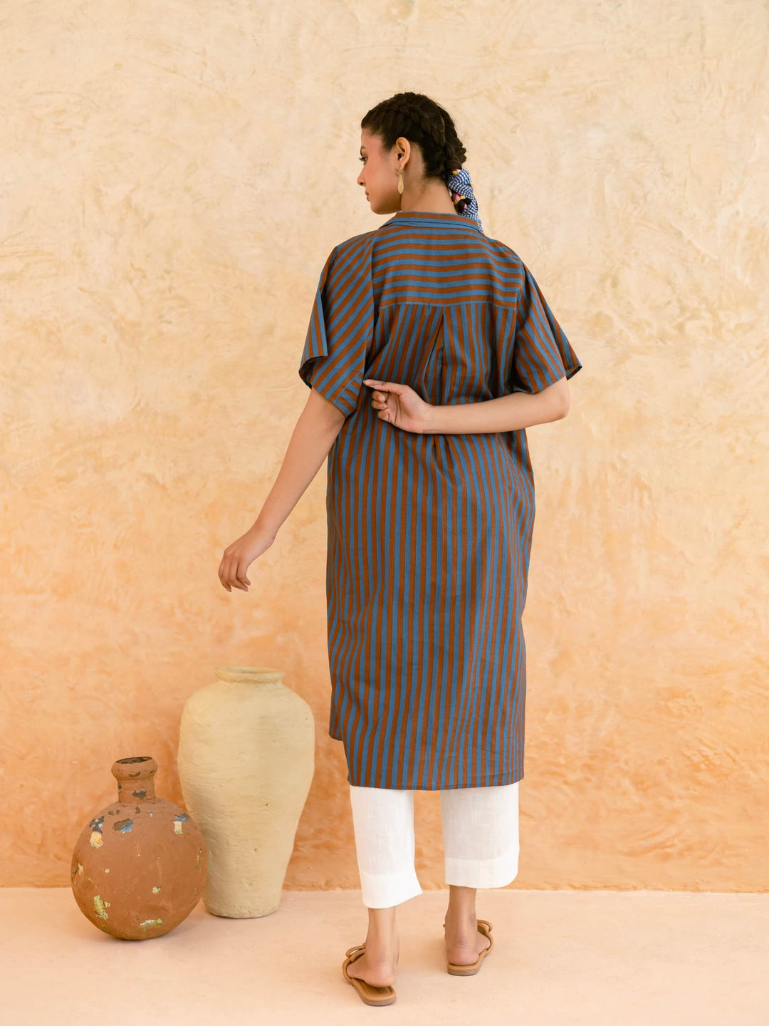 Teal Striped Cotton Kurta for Women with Embroidered Yoke – Relaxed Kaftan Style Summer Kurta