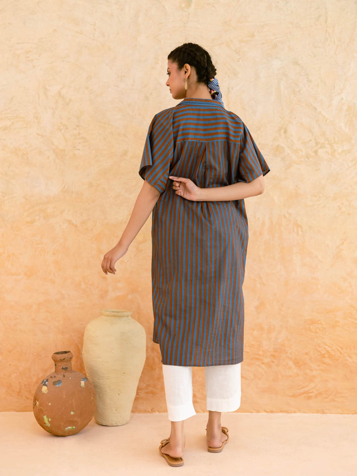 Teal Striped Cotton Kurta for Women with Embroidered Yoke – Relaxed Kaftan Style Summer Kurta