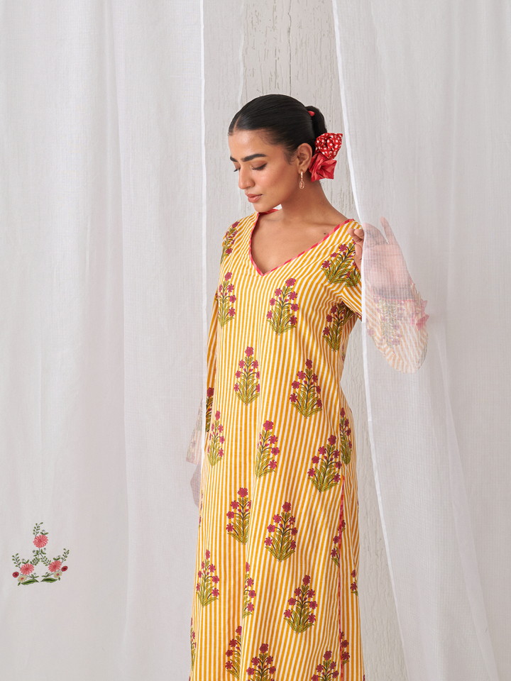 Yellow Floral V-Neck Long Kurta Paired With Striped Matching Pants
