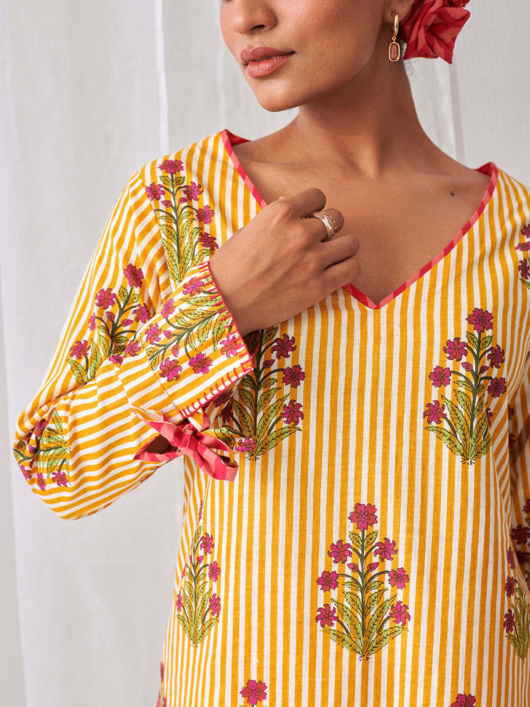 Yellow Floral V-Neck Long Kurta Paired With Striped Matching Pants