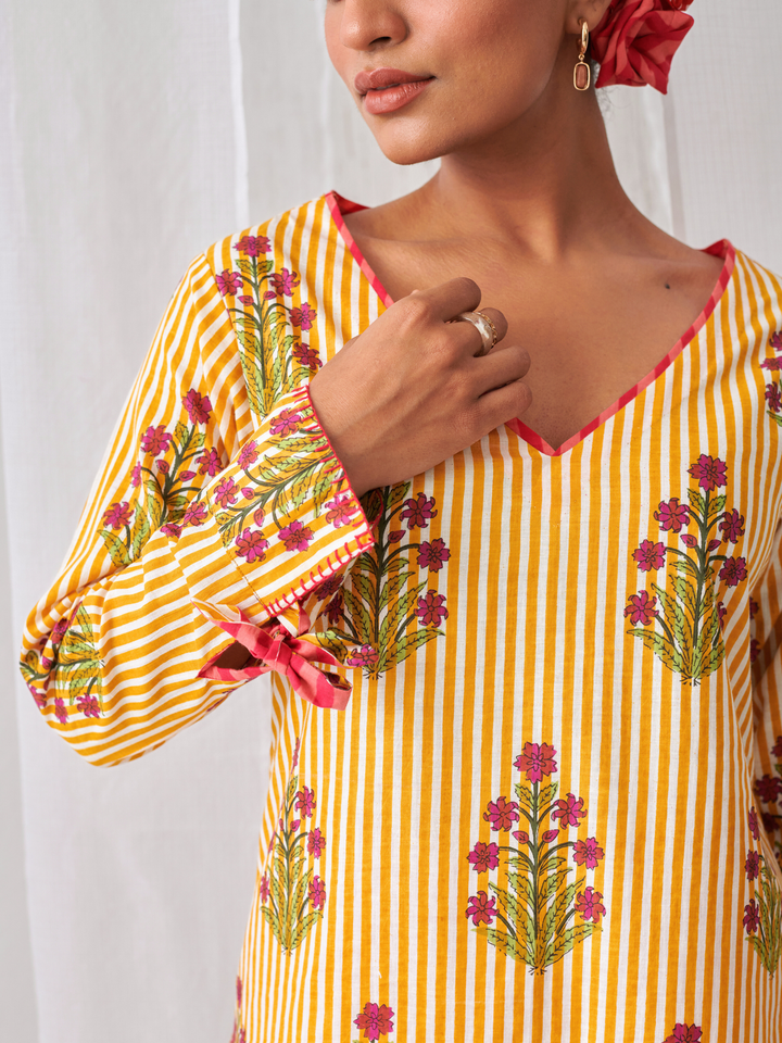 Yellow Floral V-Neck Long Kurta Paired With Striped Matching Pants