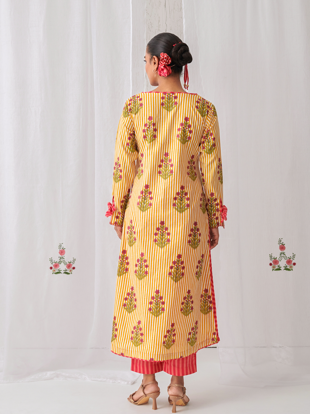 Yellow Floral V-Neck Long Kurta Paired With Striped Matching Pants