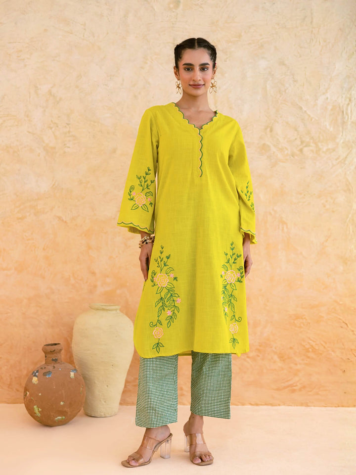 Lime Yellow Cotton Kurta Set for Women with Floral Embroidery – Scalloped Neck Summer Kurta Set