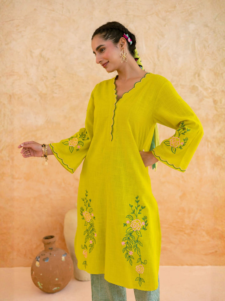 Lime Yellow Cotton Kurta Set for Women with Floral Embroidery – Scalloped Neck Summer Kurta Set