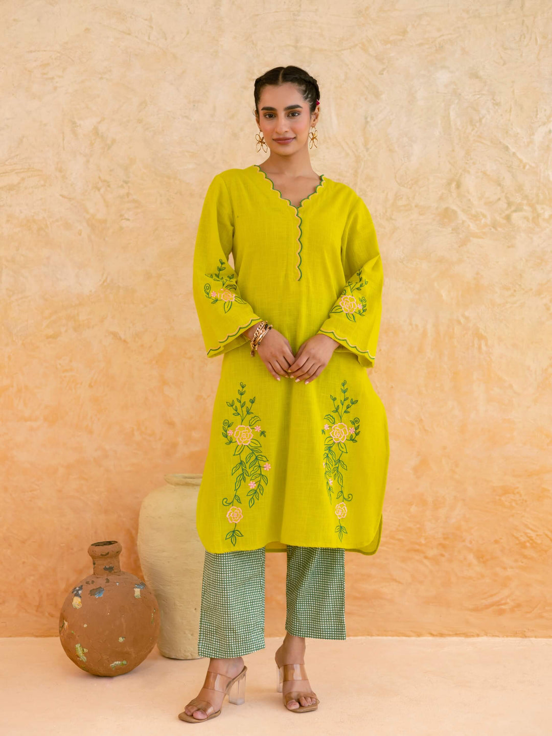 Lime Yellow Cotton Kurta Set for Women with Floral Embroidery – Scalloped Neck Summer Kurta Set