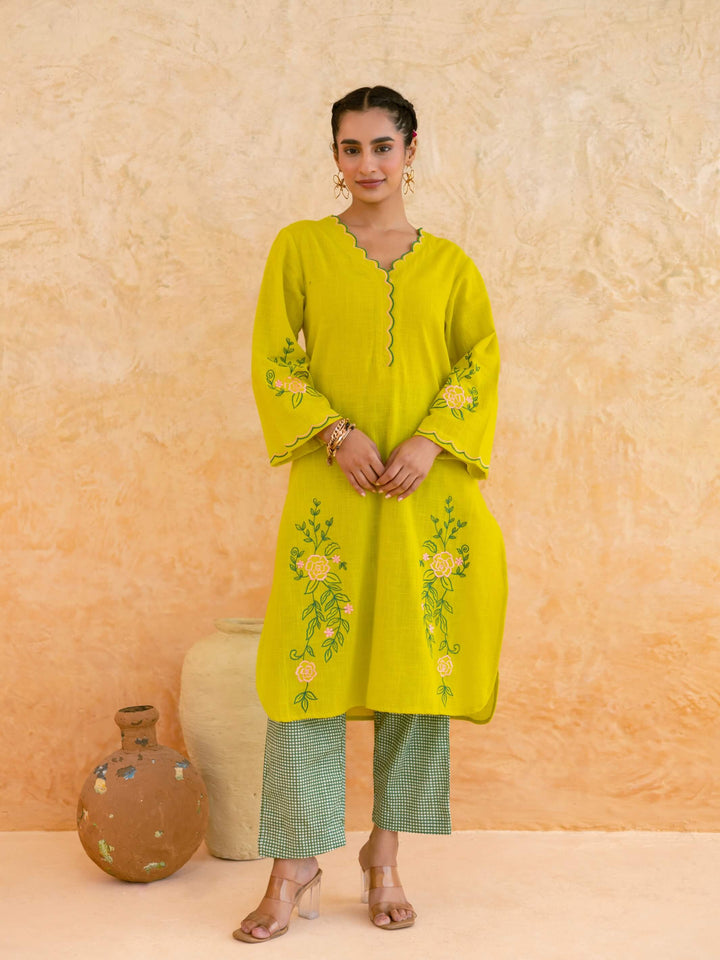 Lime Yellow Cotton Kurta Set for Women with Floral Embroidery – Scalloped Neck Summer Kurta Set