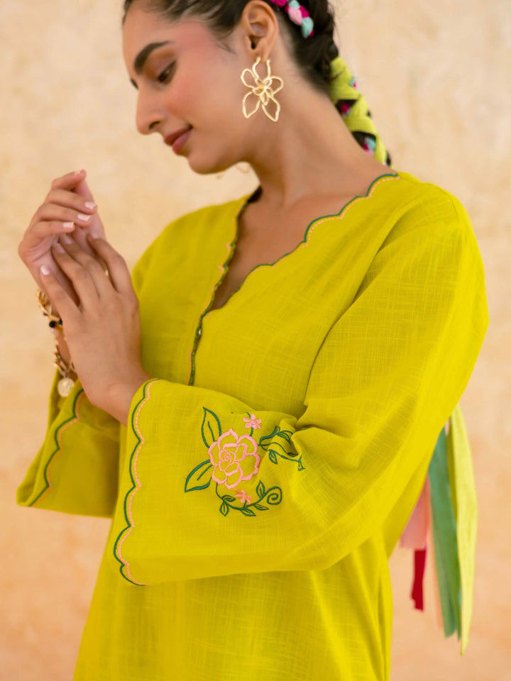 Lime Yellow Cotton Kurta Set for Women with Floral Embroidery – Scalloped Neck Summer Kurta Set