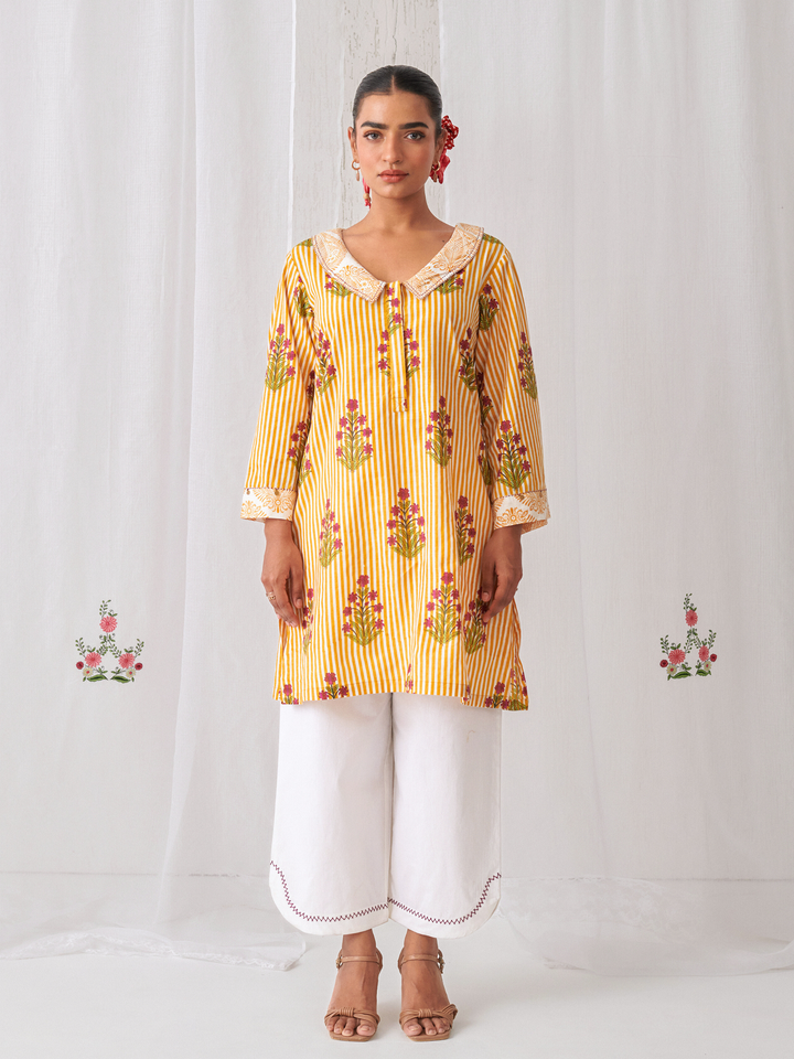 Yellow Floral Collared Short Kurta Paired With Curved  Hem White Pants