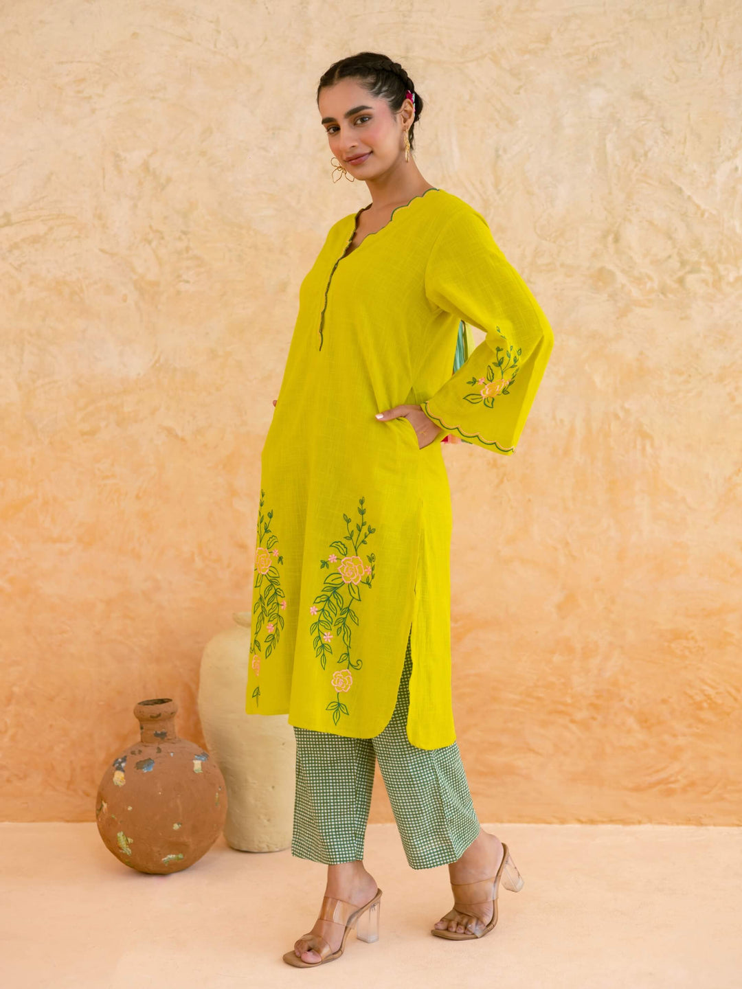 Lime Yellow Cotton Kurta Set for Women with Floral Embroidery – Scalloped Neck Summer Kurta Set