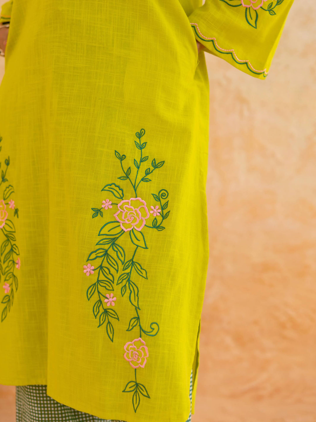 Lime Yellow Cotton Kurta Set for Women with Floral Embroidery – Scalloped Neck Summer Kurta Set