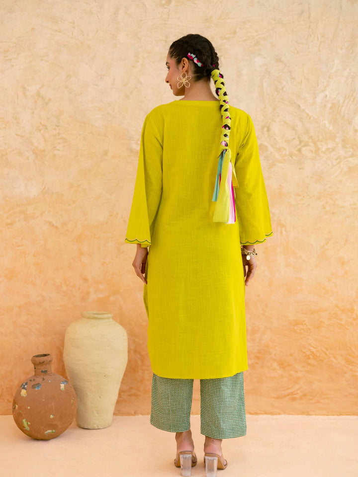 Lime Yellow Cotton Kurta Set for Women with Floral Embroidery – Scalloped Neck Summer Kurta Set