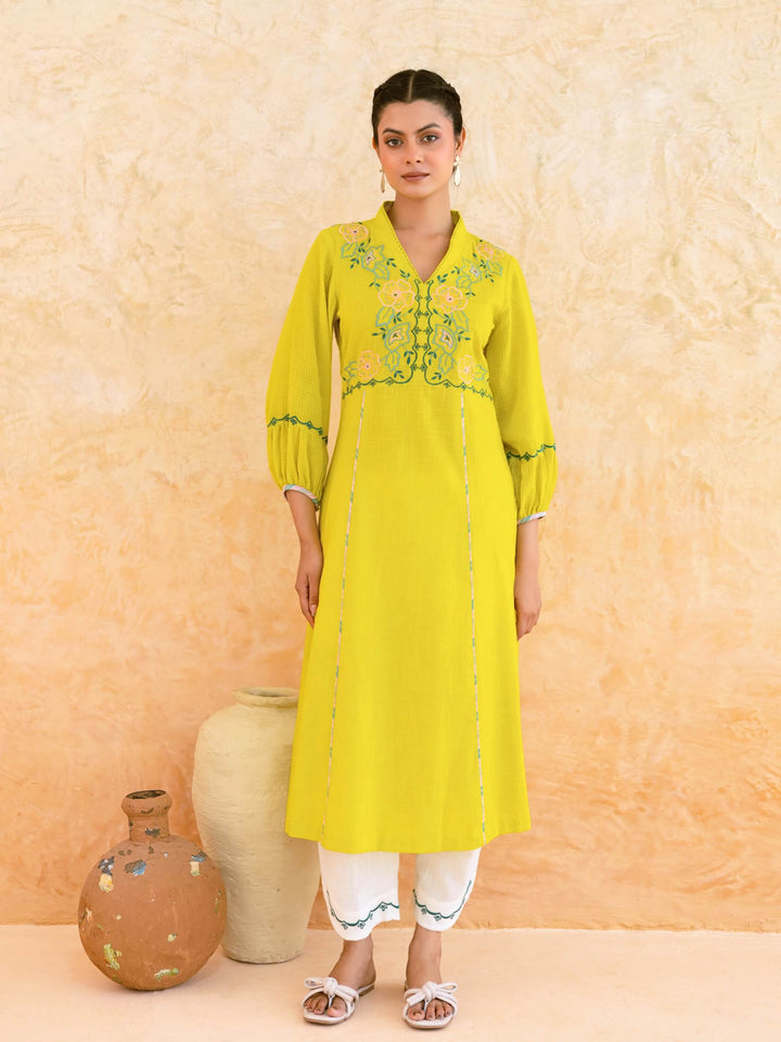 Lime Yellow Cotton Kurta Set for Women with Floral Embroidered Yoke – Panelled A-Line Summer Kurta Set