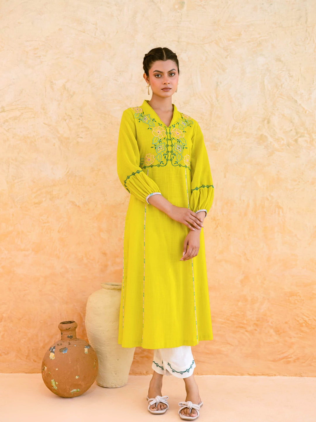 Lime Yellow Cotton Kurta Set for Women with Floral Embroidered Yoke – Panelled A-Line Summer Kurta Set