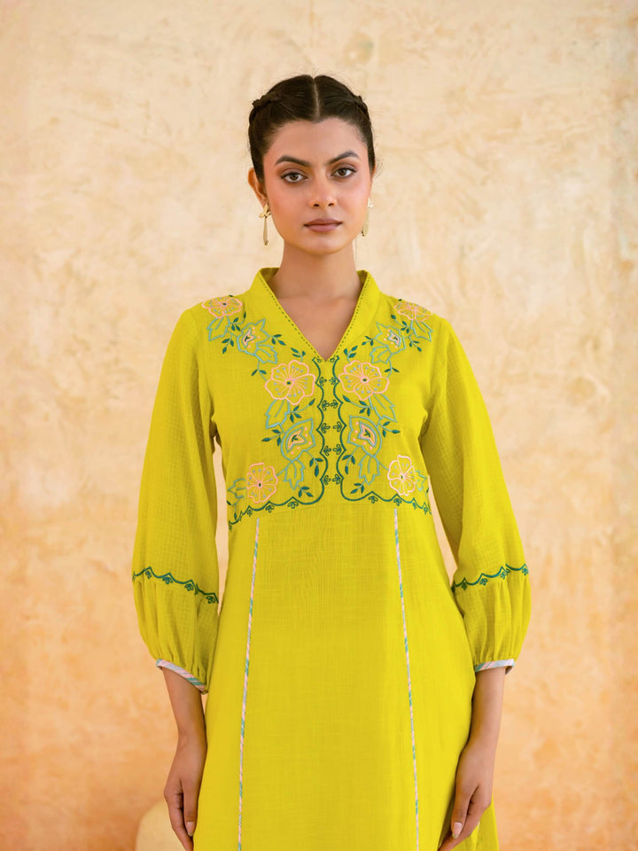 Lime Yellow Cotton Kurta Set for Women with Floral Embroidered Yoke – Panelled A-Line Summer Kurta Set