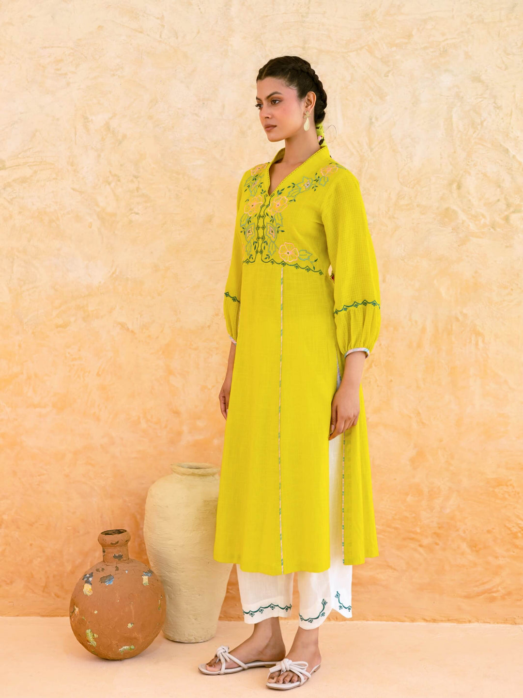 Lime Yellow Cotton Kurta Set for Women with Floral Embroidered Yoke – Panelled A-Line Summer Kurta Set