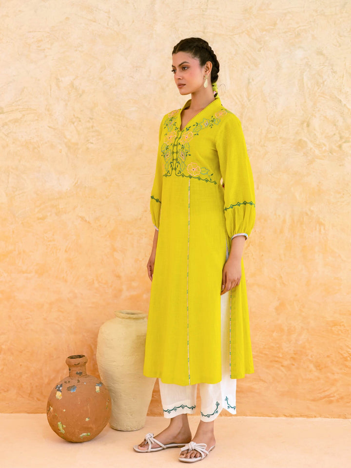 Lime Yellow Cotton Kurta Set for Women with Floral Embroidered Yoke – Panelled A-Line Summer Kurta Set