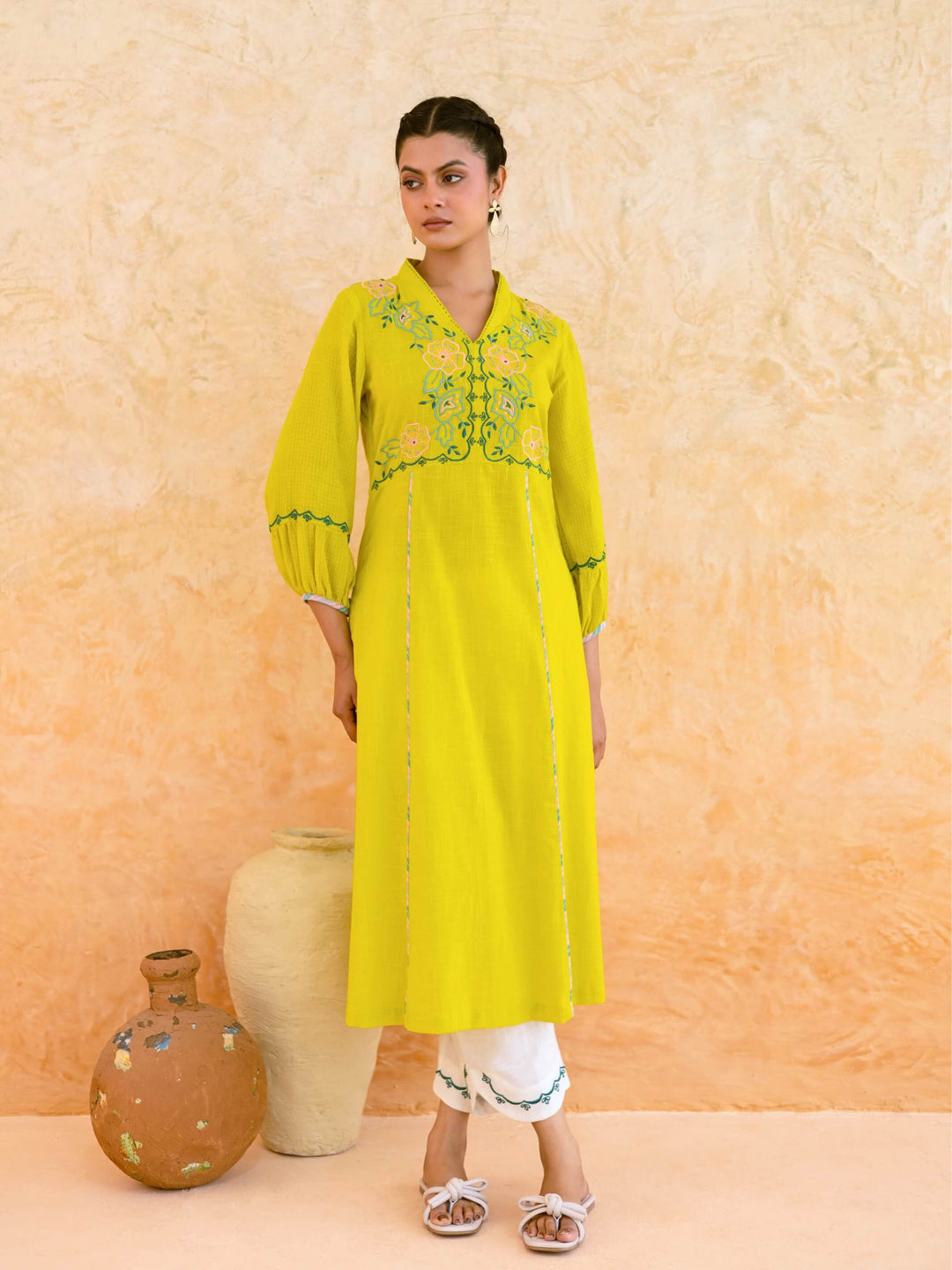 Lime Yellow Cotton Kurta Set for Women with Floral Embroidered Yoke – Panelled A-Line Summer Kurta Set