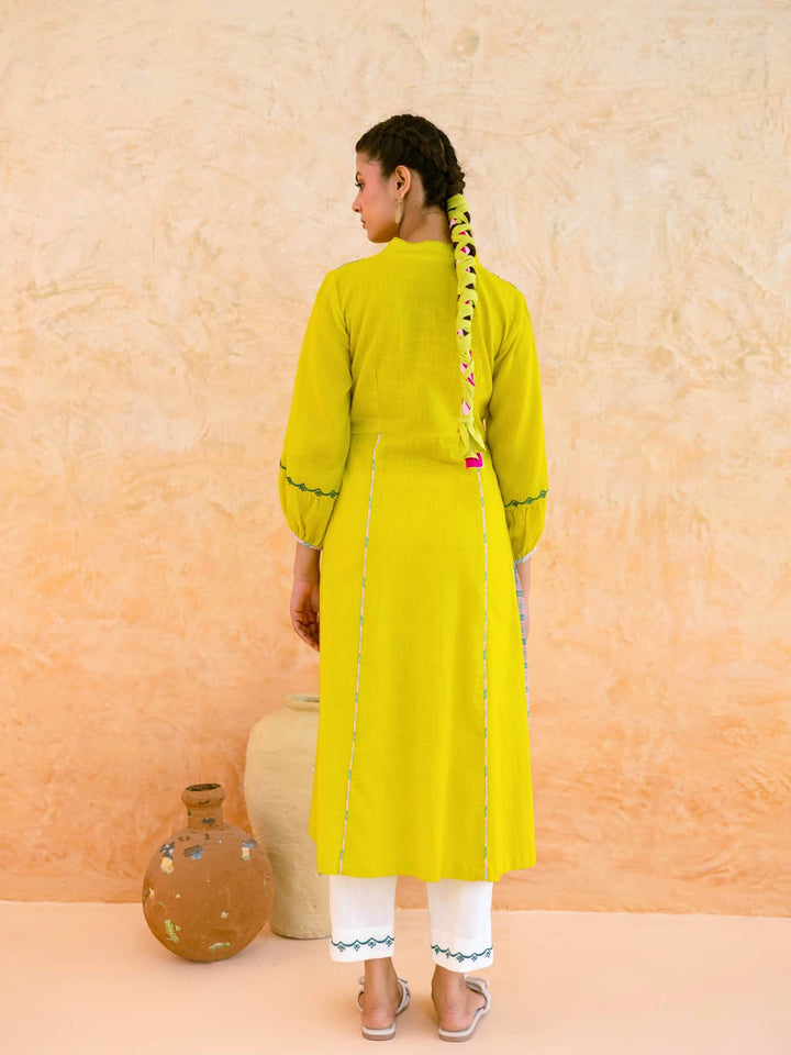 Lime Yellow Cotton Kurta Set for Women with Floral Embroidered Yoke – Panelled A-Line Summer Kurta Set