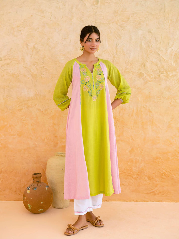 Lime Green Cotton Kurta Set for Women with Embroidered Yoke – Colourblock Panelled A-Line Kurta Set