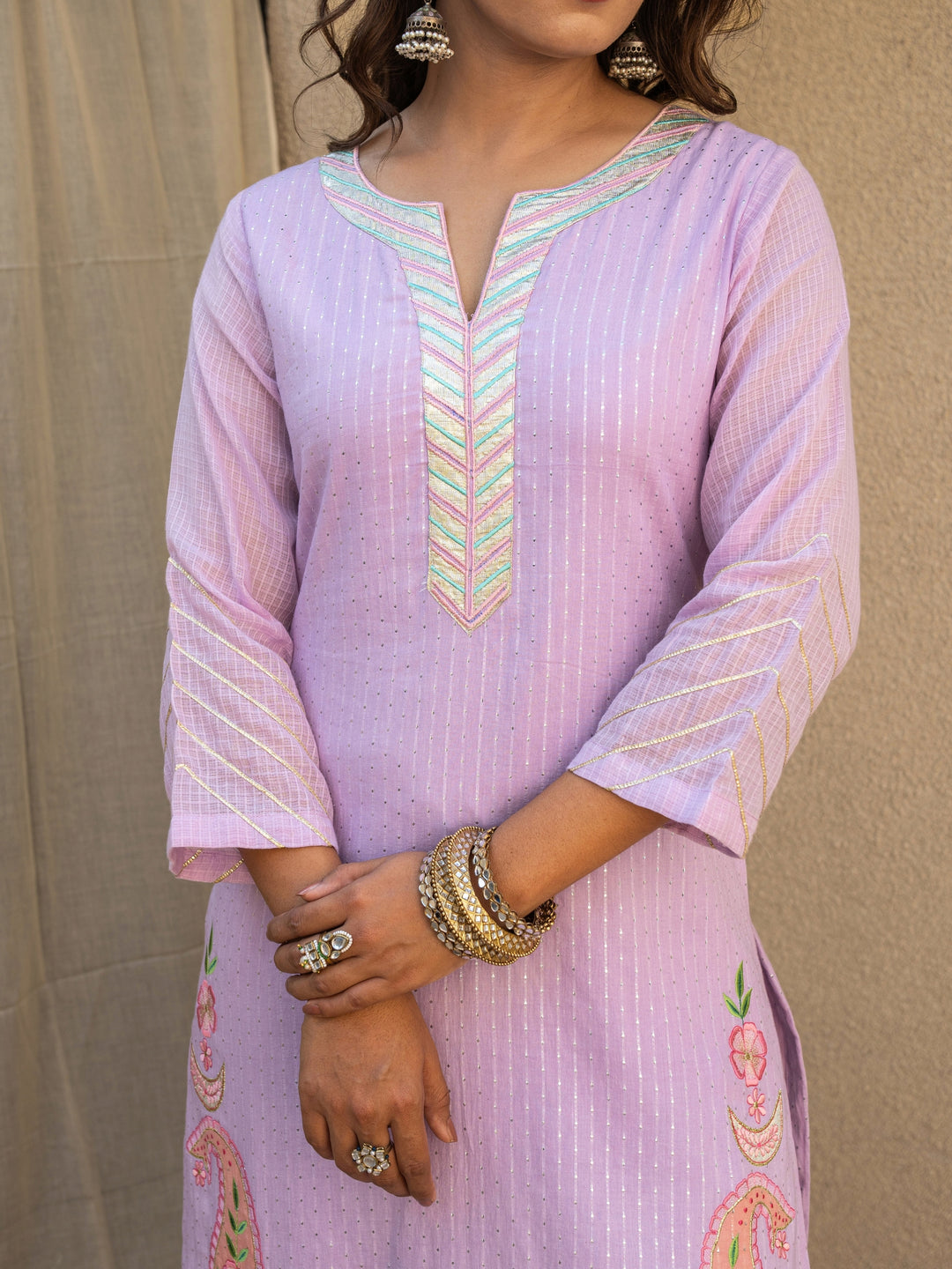 Lilac Embroidered Kurta Paired With Matching Pants & Dupatta